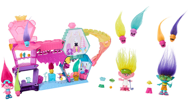 DreamWorks Trolls Spielset mit einer kleinen Puppe von Königin Poppy, vier Hair Pops-Freunden und mehr als 25 Zubehörteilen: